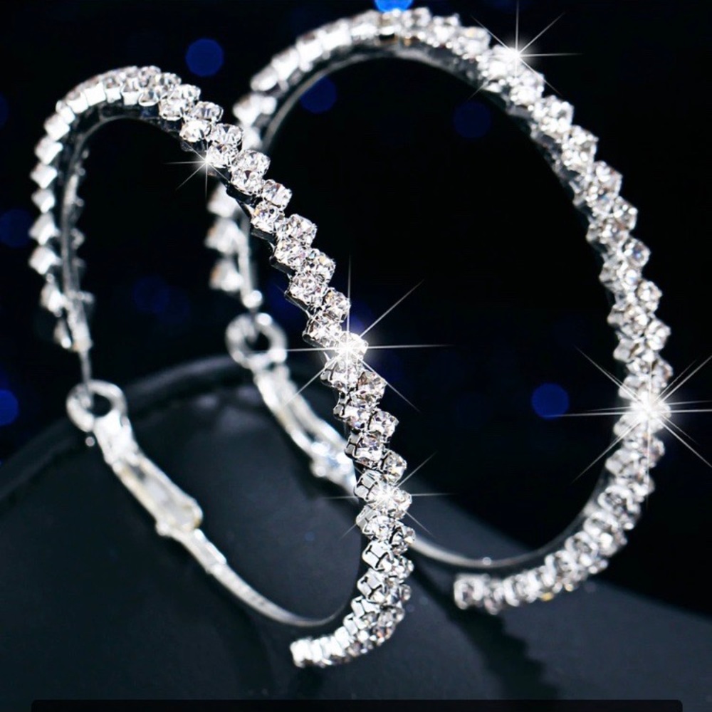 NEW LUXURY DIAMOND STERLING SILVER HOOP EARRINGS - Picture 2 of 6